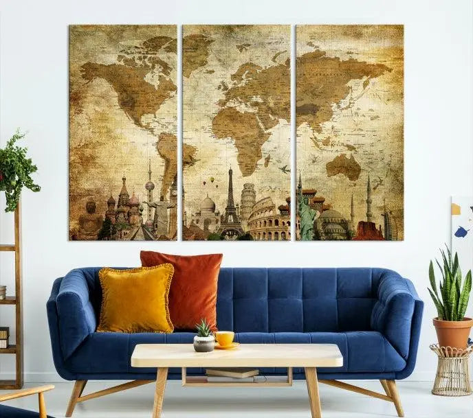 Vintage Style World Map Wall Art Canvas Print 