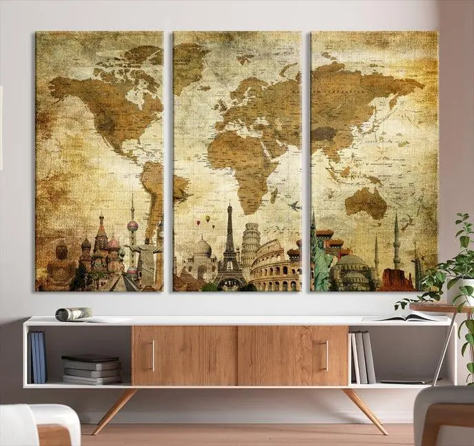 Vintage Style World Map Wall Art Canvas Print 