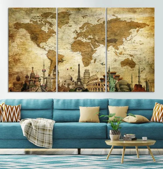 Vintage Style World Map Wall Art Canvas Print 