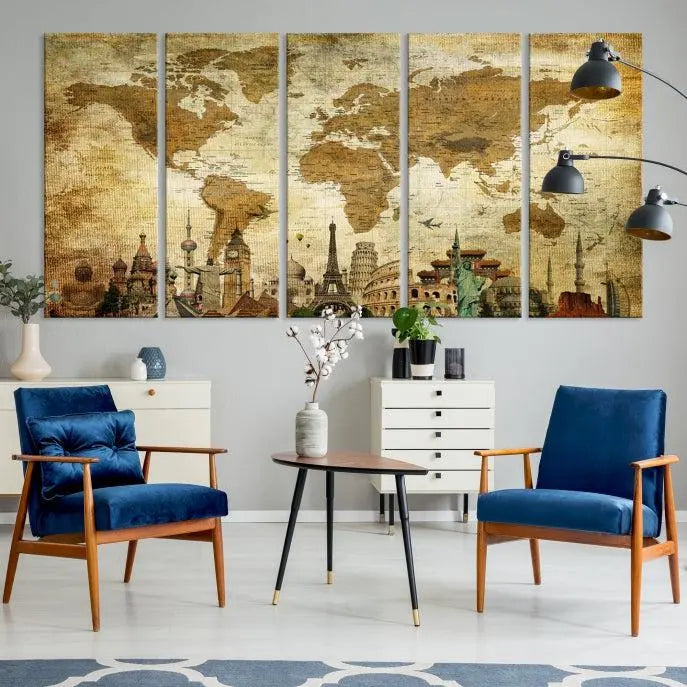 Vintage Style World Map Wall Art Canvas Print 
