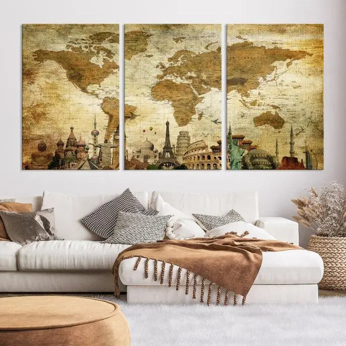Vintage Style World Map Wall Art Canvas Print 