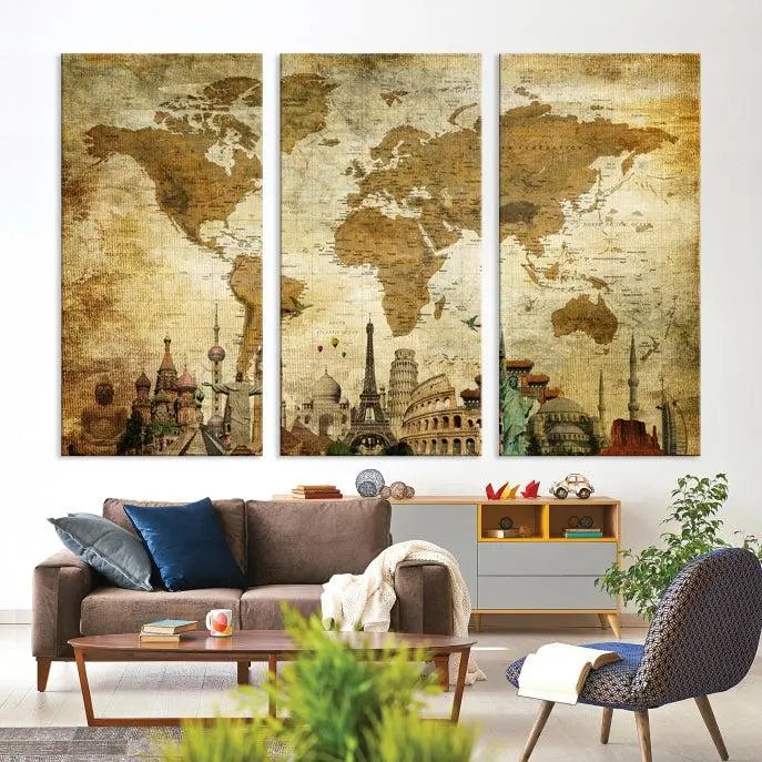 Vintage Style World Map Wall Art Canvas Print 