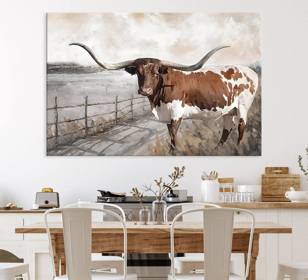 Vintage Texas Cow Wall Art Canvas Print, Rustic Longhorn Wall Art | Canvas Print for Farmhouse Decor
