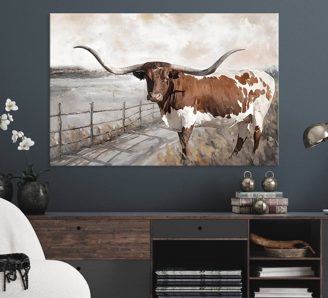 Vintage Texas Cow Wall Art Canvas Print, Rustic Longhorn Wall Art | Canvas Print for Farmhouse Decor