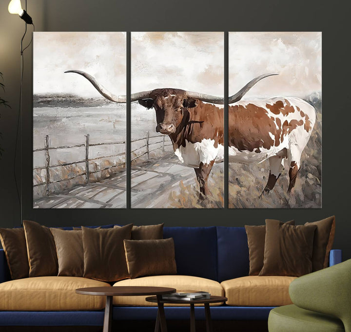 Vintage Texas Cow Wall Art Canvas Print, Rustic Longhorn Wall Art | Canvas Print for Farmhouse Decor