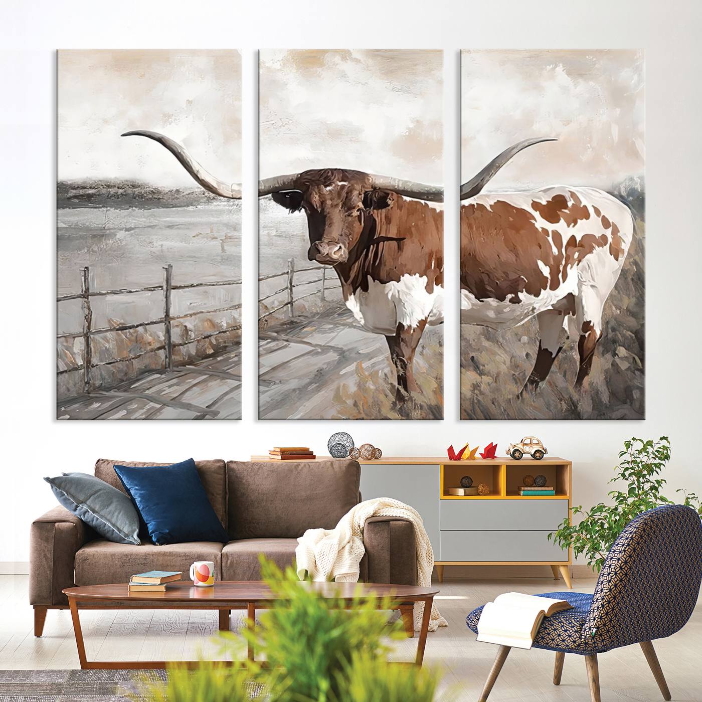 Vintage Texas Cow Wall Art Canvas Print, Rustic Longhorn Wall Art | Canvas Print for Farmhouse Decor