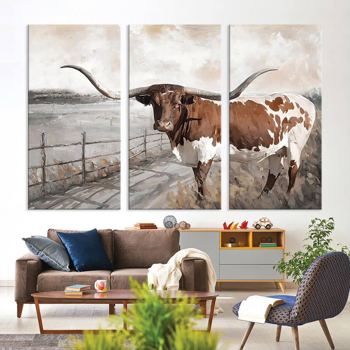Vintage Texas Cow Wall Art Canvas Print, Rustic Longhorn Wall Art | Canvas Print for Farmhouse Decor