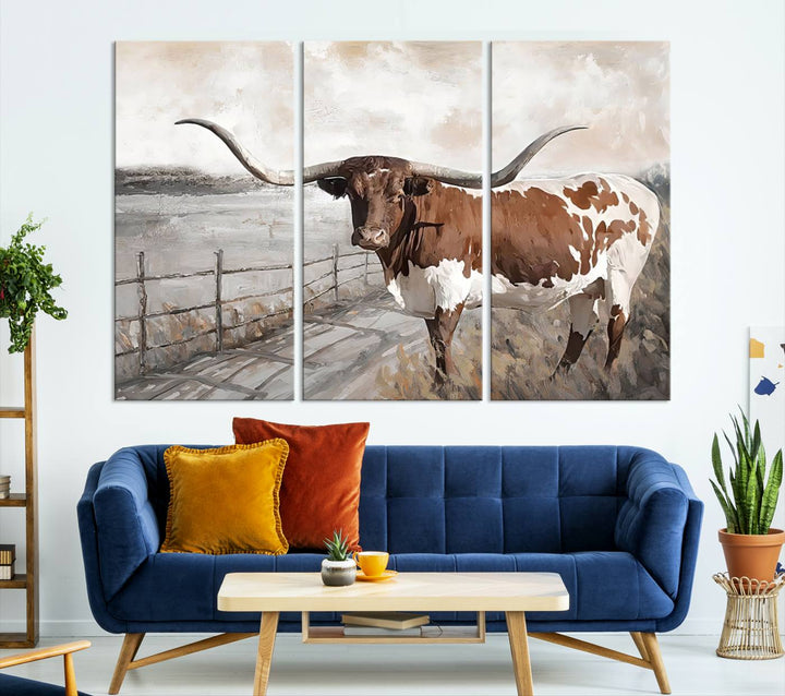 Vintage Texas Cow Wall Art Canvas Print, Rustic Longhorn Wall Art | Canvas Print for Farmhouse Decor