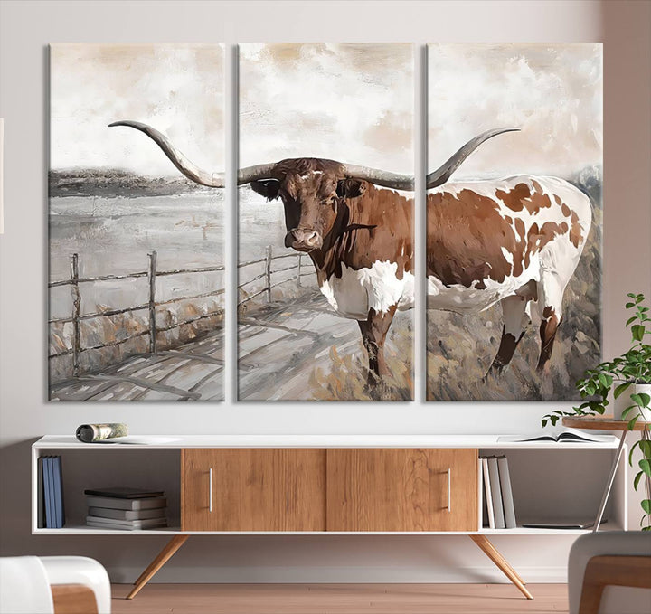 Vintage Texas Cow Wall Art Canvas Print, Rustic Longhorn Wall Art | Canvas Print for Farmhouse Decor