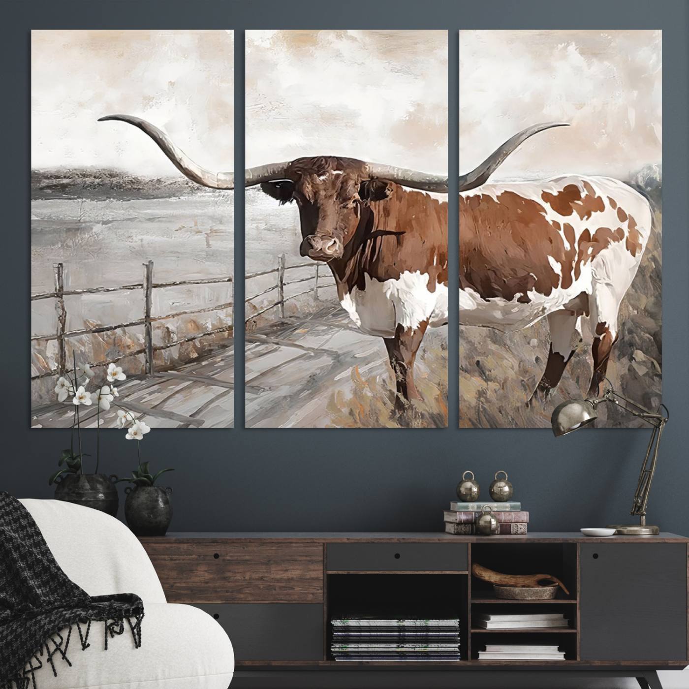 Vintage Texas Cow Wall Art Canvas Print, Rustic Longhorn Wall Art | Canvas Print for Farmhouse Decor
