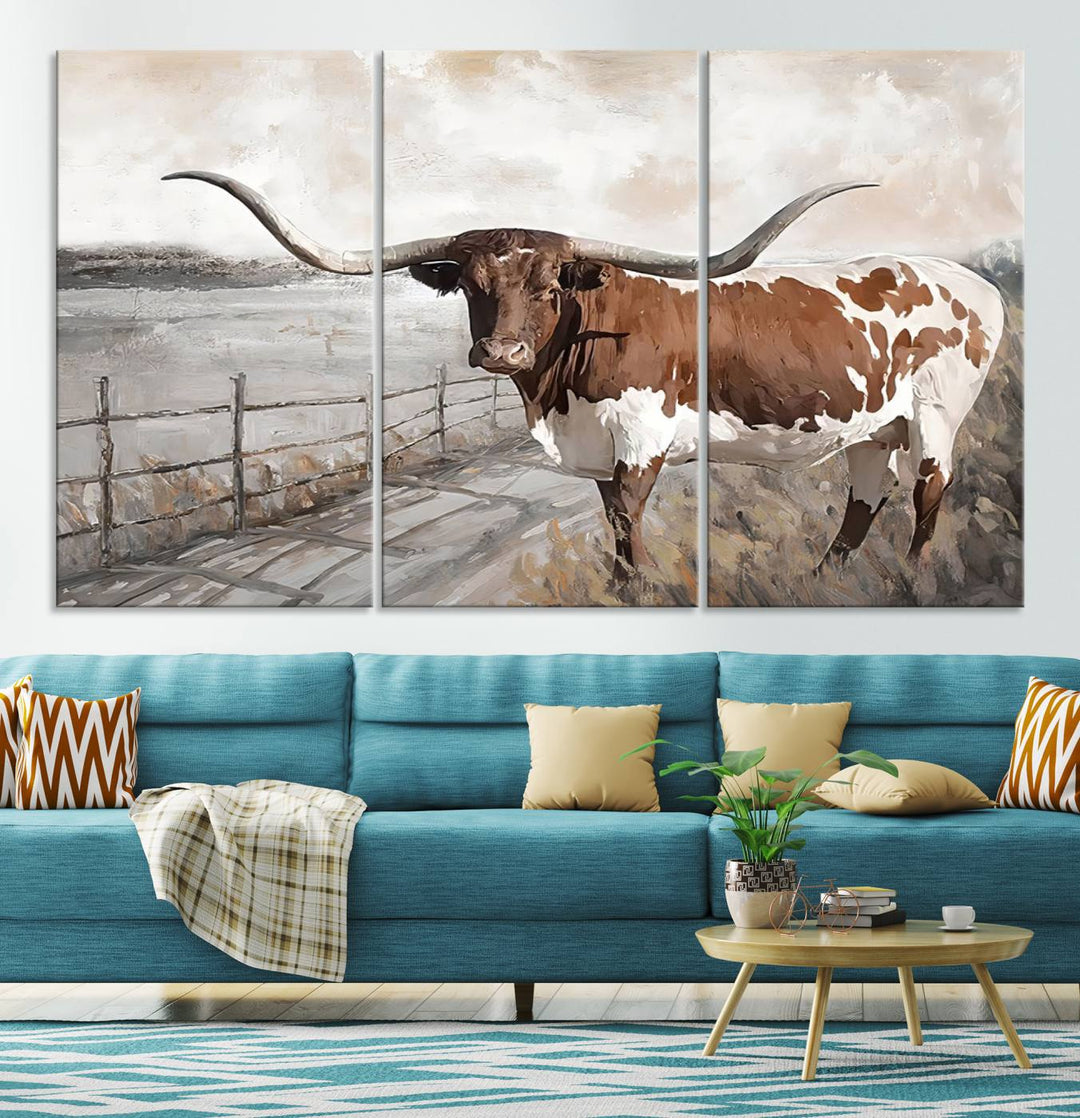 Vintage Texas Cow Wall Art Canvas Print, Rustic Longhorn Wall Art | Canvas Print for Farmhouse Decor