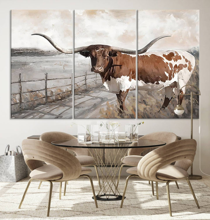 Vintage Texas Cow Wall Art Canvas Print, Rustic Longhorn Wall Art | Canvas Print for Farmhouse Decor