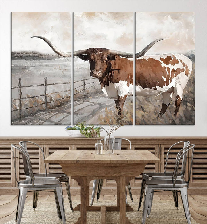 Vintage Texas Cow Wall Art Canvas Print, Rustic Longhorn Wall Art | Canvas Print for Farmhouse Decor