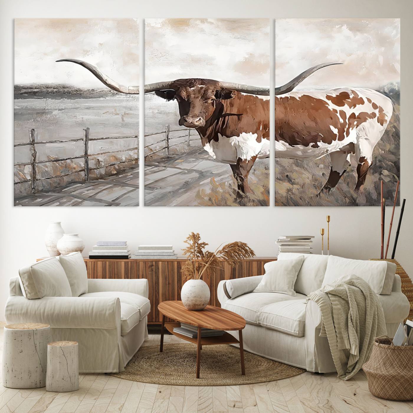 Vintage Texas Cow Wall Art Canvas Print, Rustic Longhorn Wall Art | Canvas Print for Farmhouse Decor
