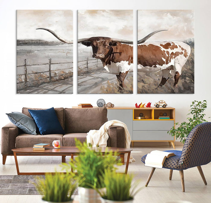 Vintage Texas Cow Wall Art Canvas Print, Rustic Longhorn Wall Art | Canvas Print for Farmhouse Decor