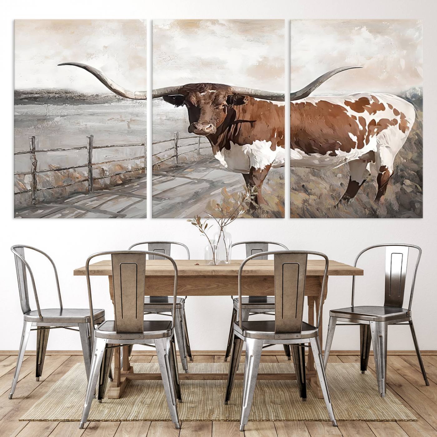 57340-MGV-CV-36X24-Vintage Texas Cow Wall Art Canvas Print, Rustic Longhorn Wall Art | Canvas Print for Farmhouse Decor