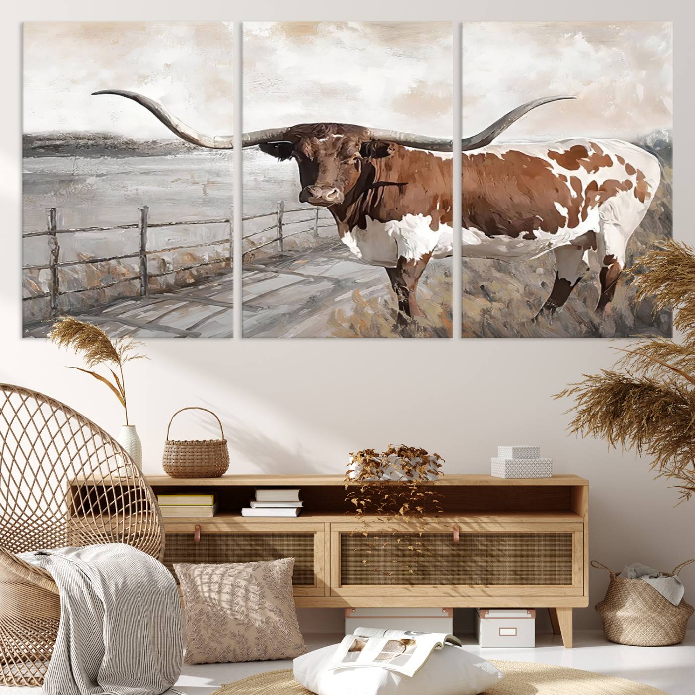 57340-MGV-CV-36X24-Vintage Texas Cow Wall Art Canvas Print, Rustic Longhorn Wall Art | Canvas Print for Farmhouse Decor