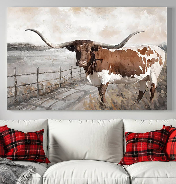 Vintage Texas Cow Wall Art Canvas Print, Rustic Longhorn Wall Art | Canvas Print for Farmhouse Decor