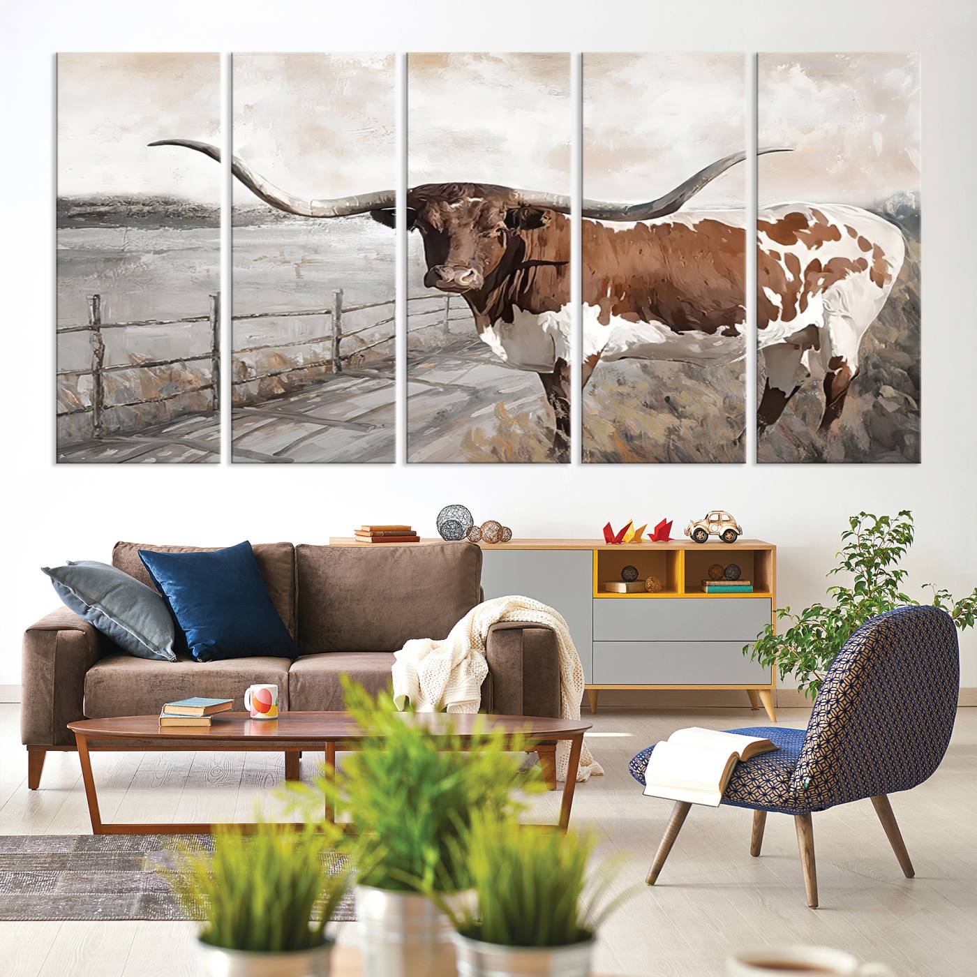 57340-MGV-CV-36X24-Vintage Texas Cow Wall Art Canvas Print, Rustic Longhorn Wall Art | Canvas Print for Farmhouse Decor