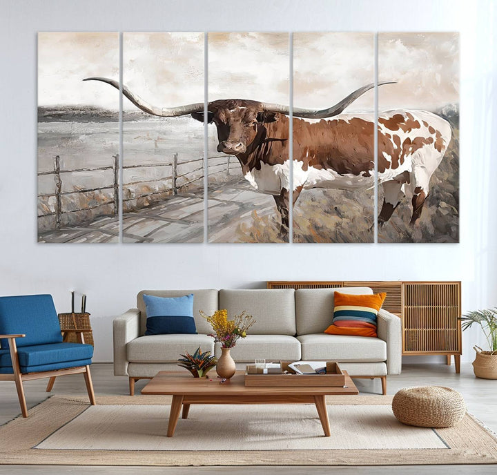 57340-MGV-CV-36X24-Vintage Texas Cow Wall Art Canvas Print, Rustic Longhorn Wall Art | Canvas Print for Farmhouse Decor