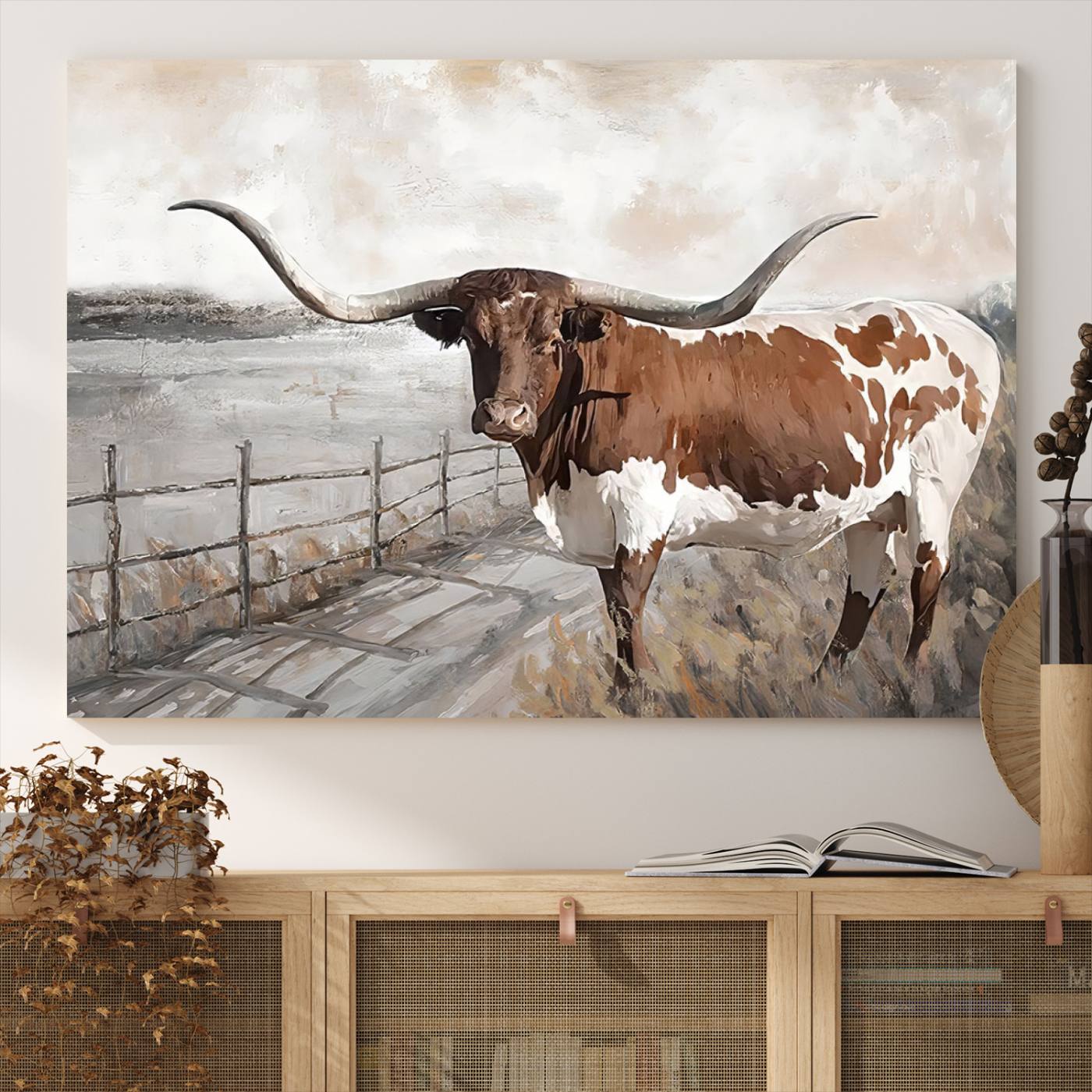 Vintage Texas Cow Wall Art Canvas Print, Rustic Longhorn Wall Art | Canvas Print for Farmhouse Decor