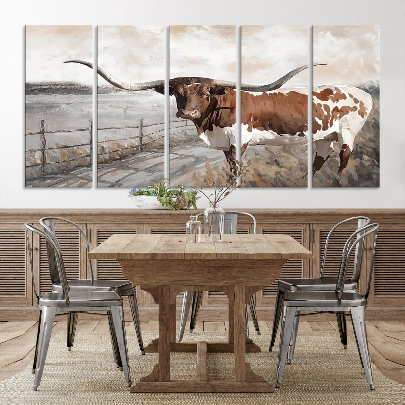 57340-MGV-CV-36X24-Vintage Texas Cow Wall Art Canvas Print, Rustic Longhorn Wall Art | Canvas Print for Farmhouse Decor