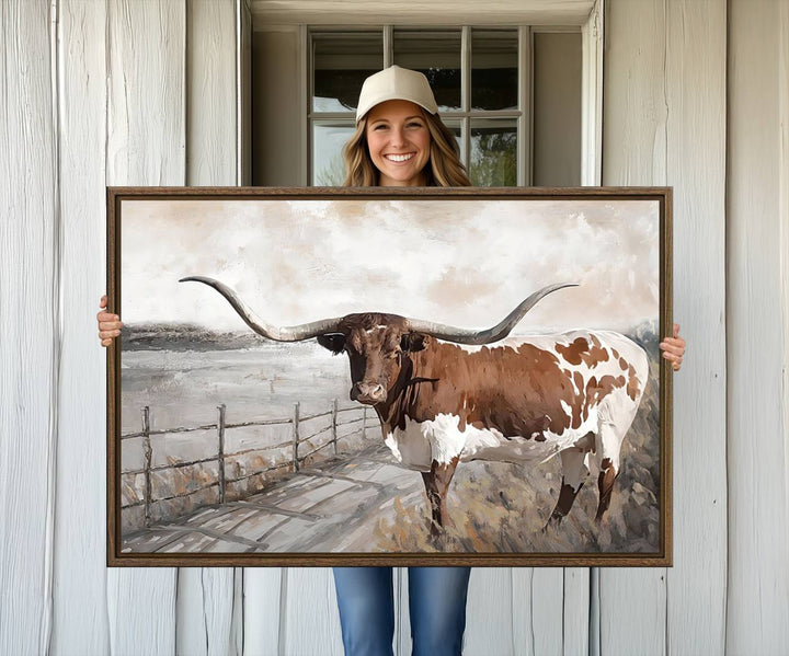 57340-MGV-CV-36X24-Vintage Texas Cow Wall Art Canvas Print, Rustic Longhorn Wall Art | Canvas Print for Farmhouse Decor