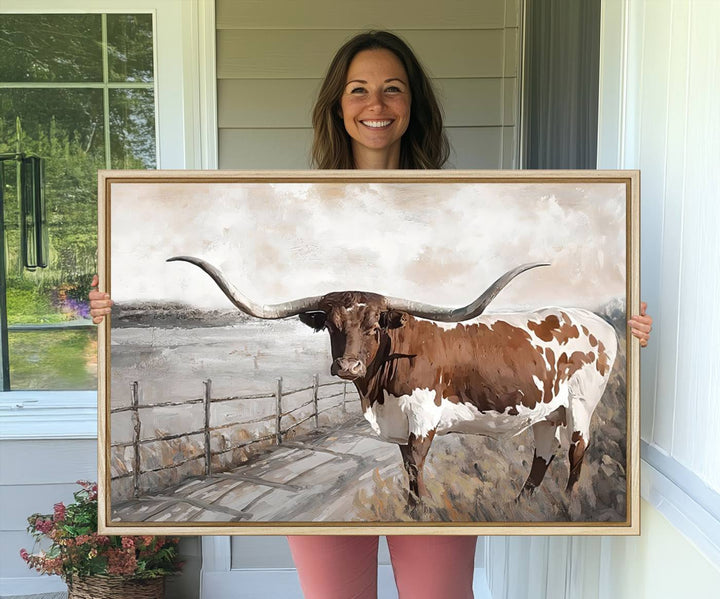 57340-MGV-CV-36X24-Vintage Texas Cow Wall Art Canvas Print, Rustic Longhorn Wall Art | Canvas Print for Farmhouse Decor
