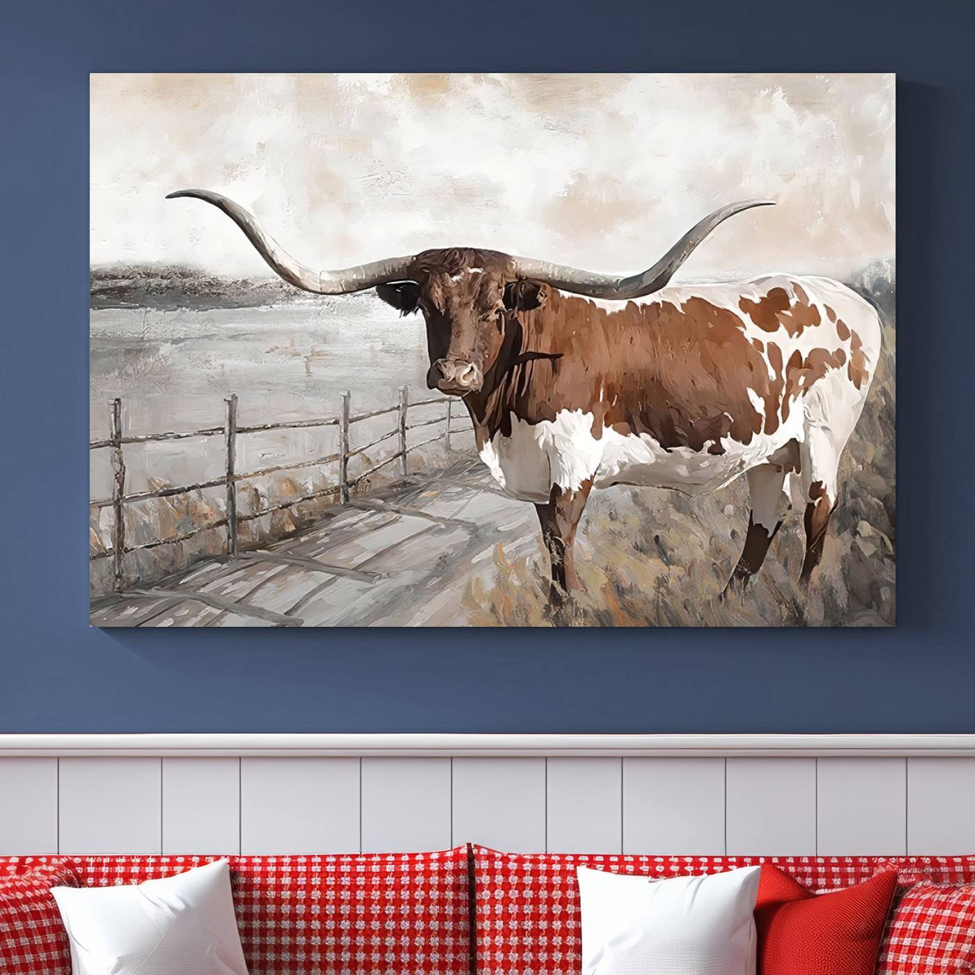Vintage Texas Cow Wall Art Canvas Print, Rustic Longhorn Wall Art | Canvas Print for Farmhouse Decor