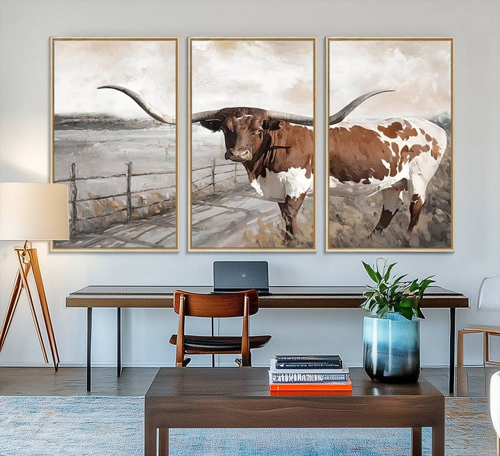 57340-MGV-CV-36X24-Vintage Texas Cow Wall Art Canvas Print, Rustic Longhorn Wall Art | Canvas Print for Farmhouse Decor
