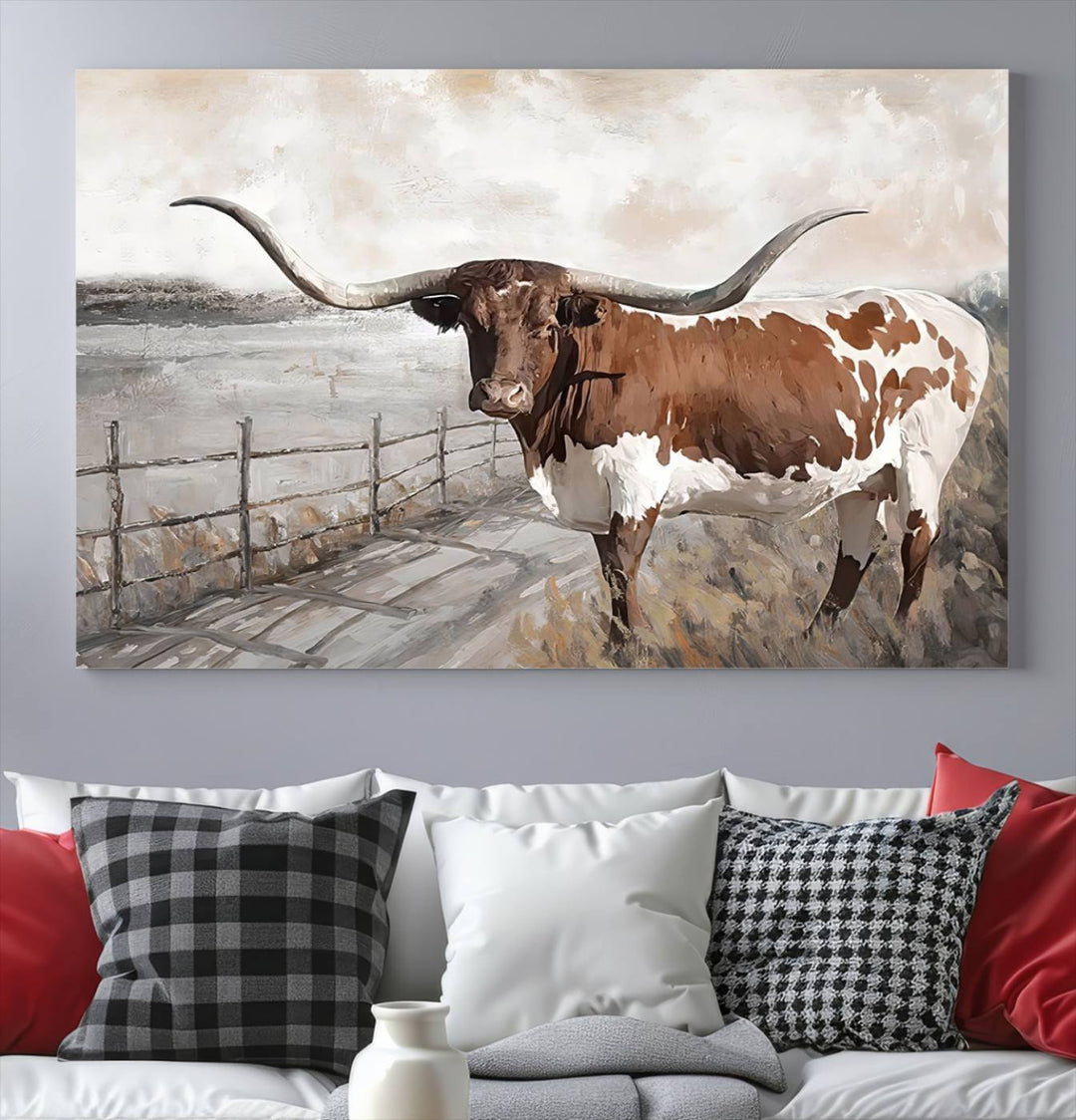 Vintage Texas Cow Wall Art Canvas Print, Rustic Longhorn Wall Art | Canvas Print for Farmhouse Decor