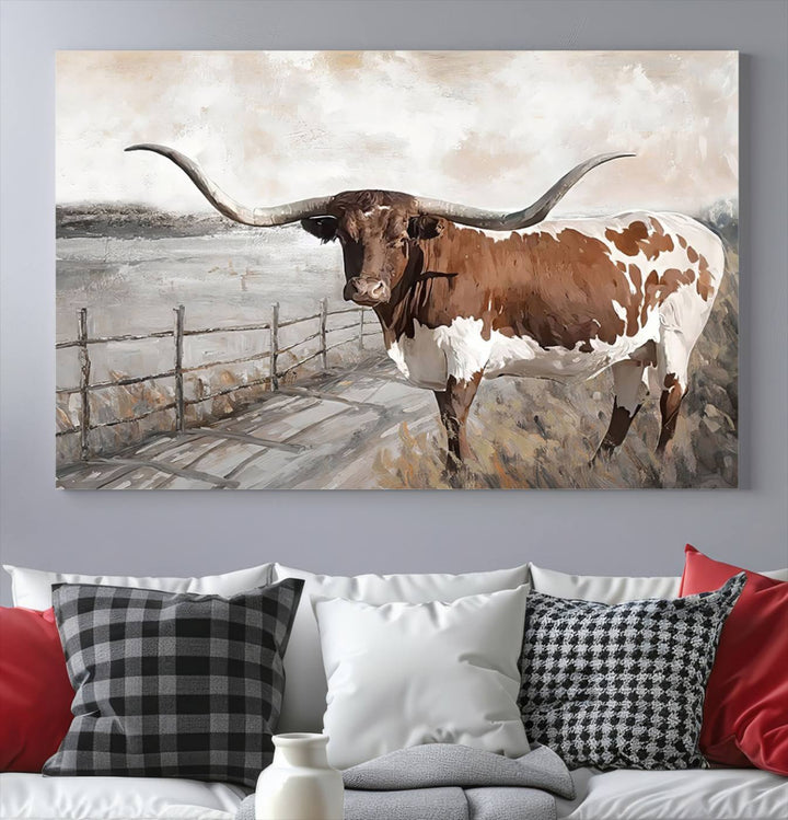 Vintage Texas Cow Wall Art Canvas Print, Rustic Longhorn Wall Art | Canvas Print for Farmhouse Decor