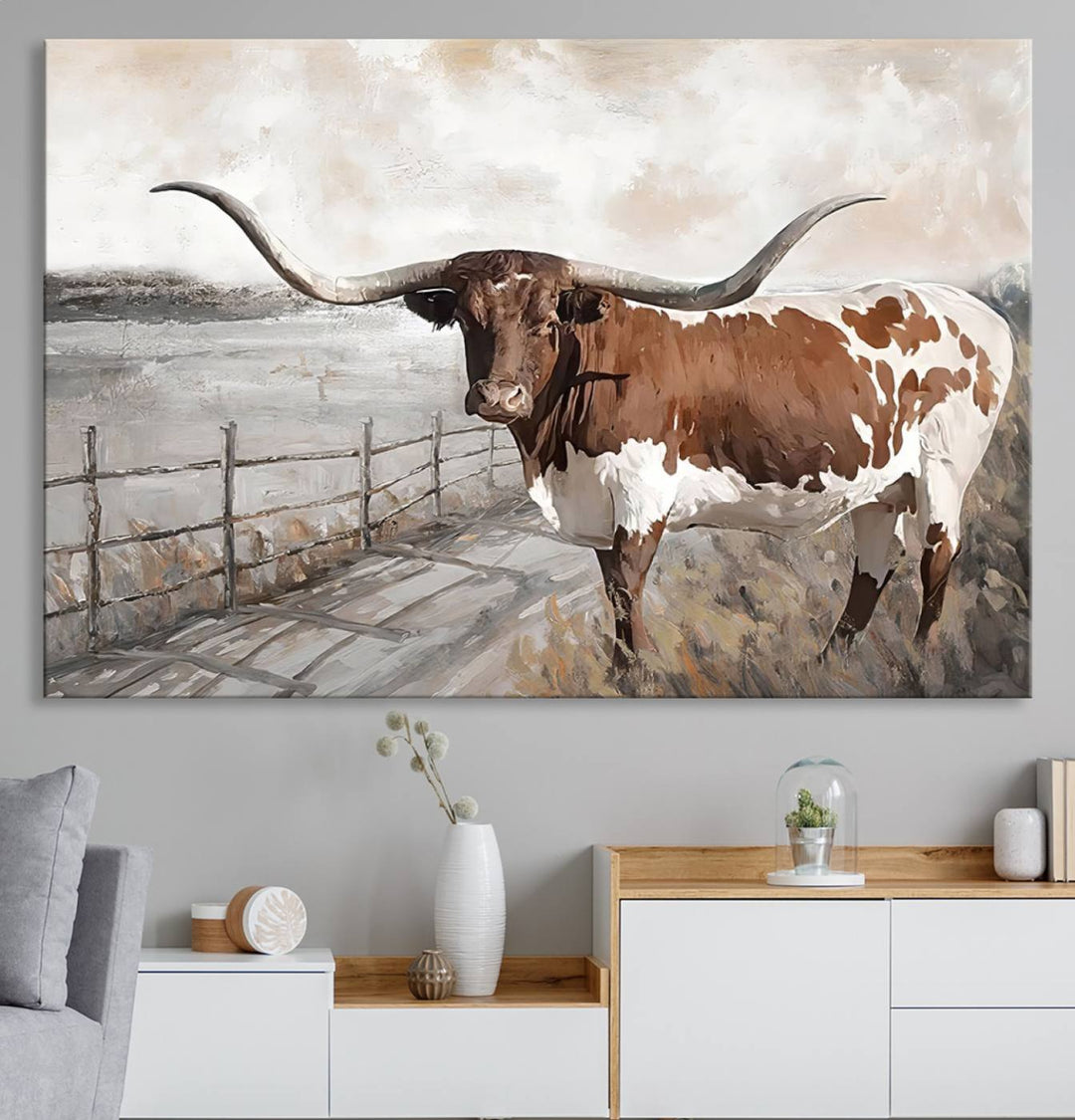 Vintage Texas Cow Wall Art Canvas Print, Rustic Longhorn Wall Art | Canvas Print for Farmhouse Decor