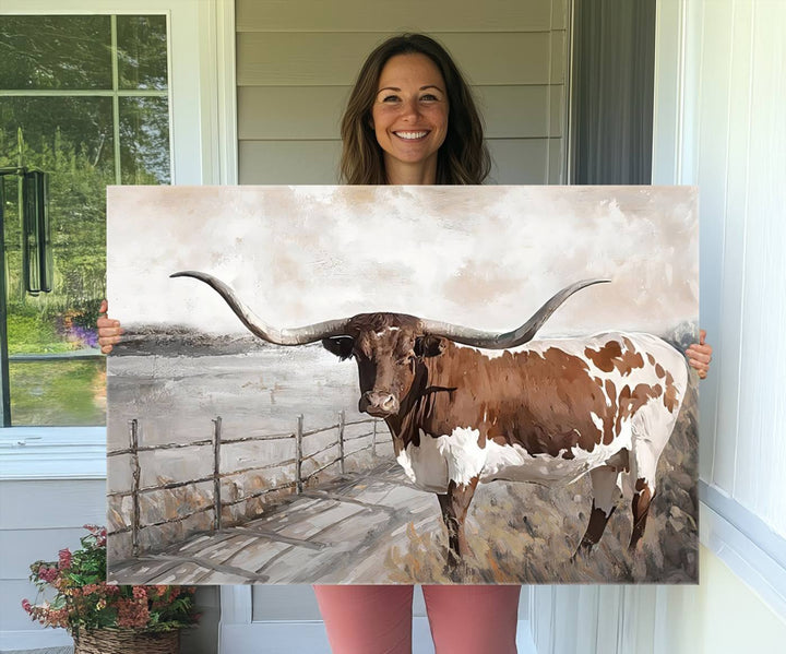 Vintage Texas Cow Wall Art Canvas Print, Rustic Longhorn Wall Art | Canvas Print for Farmhouse Decor