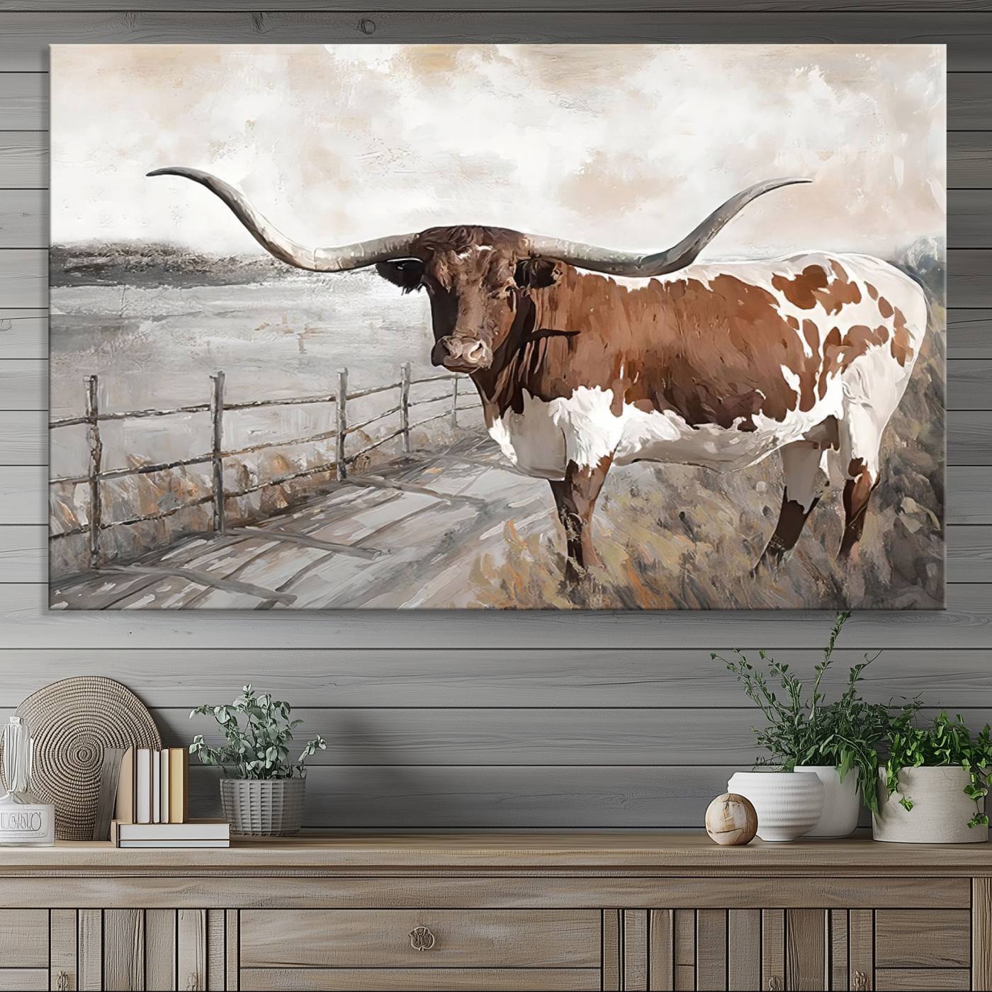 Vintage Texas Cow Wall Art Canvas Print, Rustic Longhorn Wall Art | Canvas Print for Farmhouse Decor