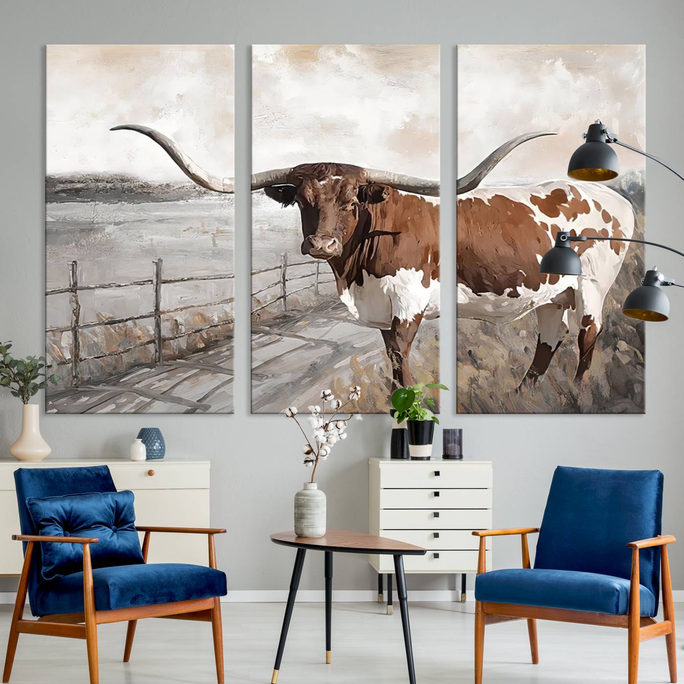 Vintage Texas Cow Wall Art Canvas Print, Rustic Longhorn Wall Art | Canvas Print for Farmhouse Decor