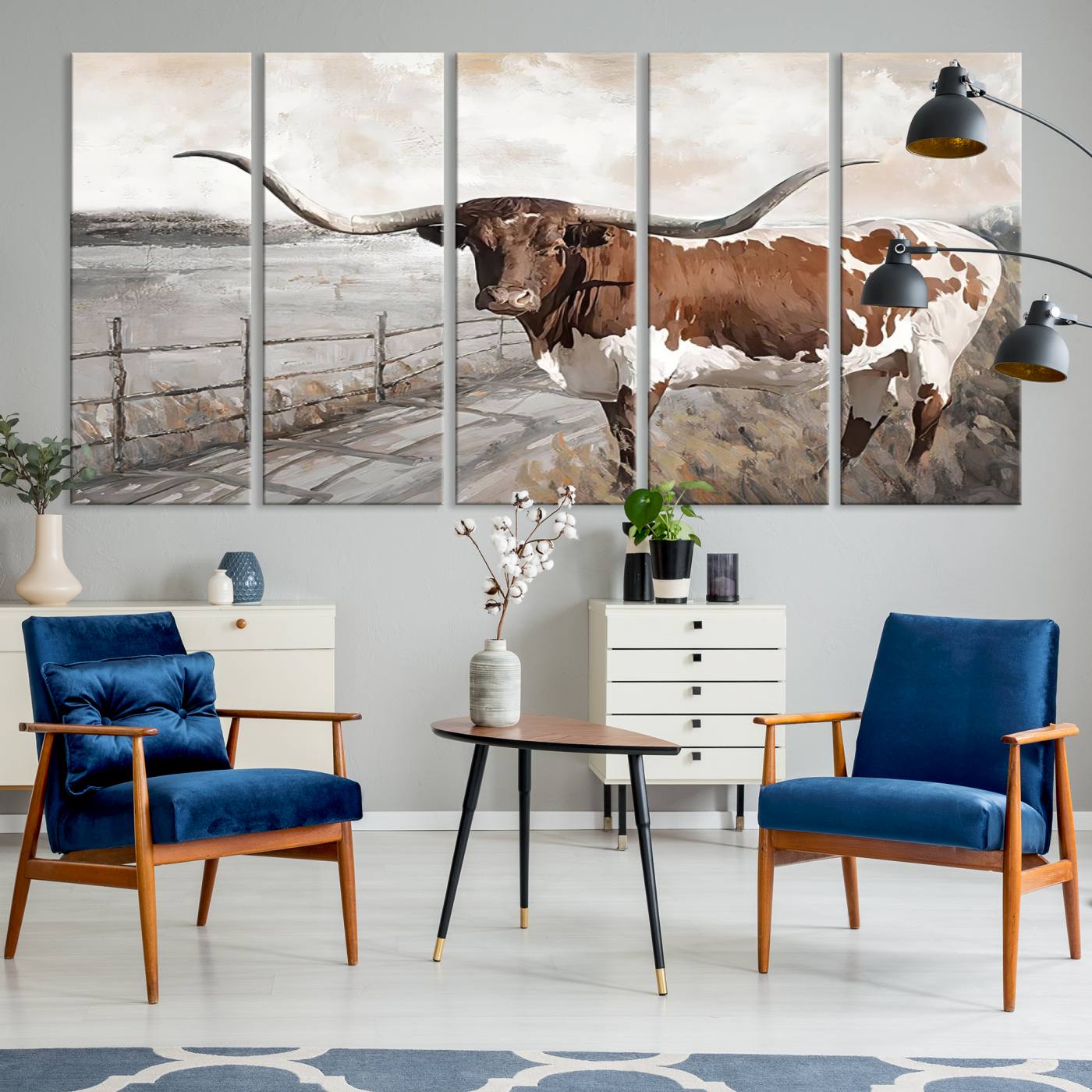 57340-MGV-CV-60X31-5P-Vintage Texas Cow Wall Art Canvas Print, Rustic Longhorn Wall Art | Canvas Print for Farmhouse Decor