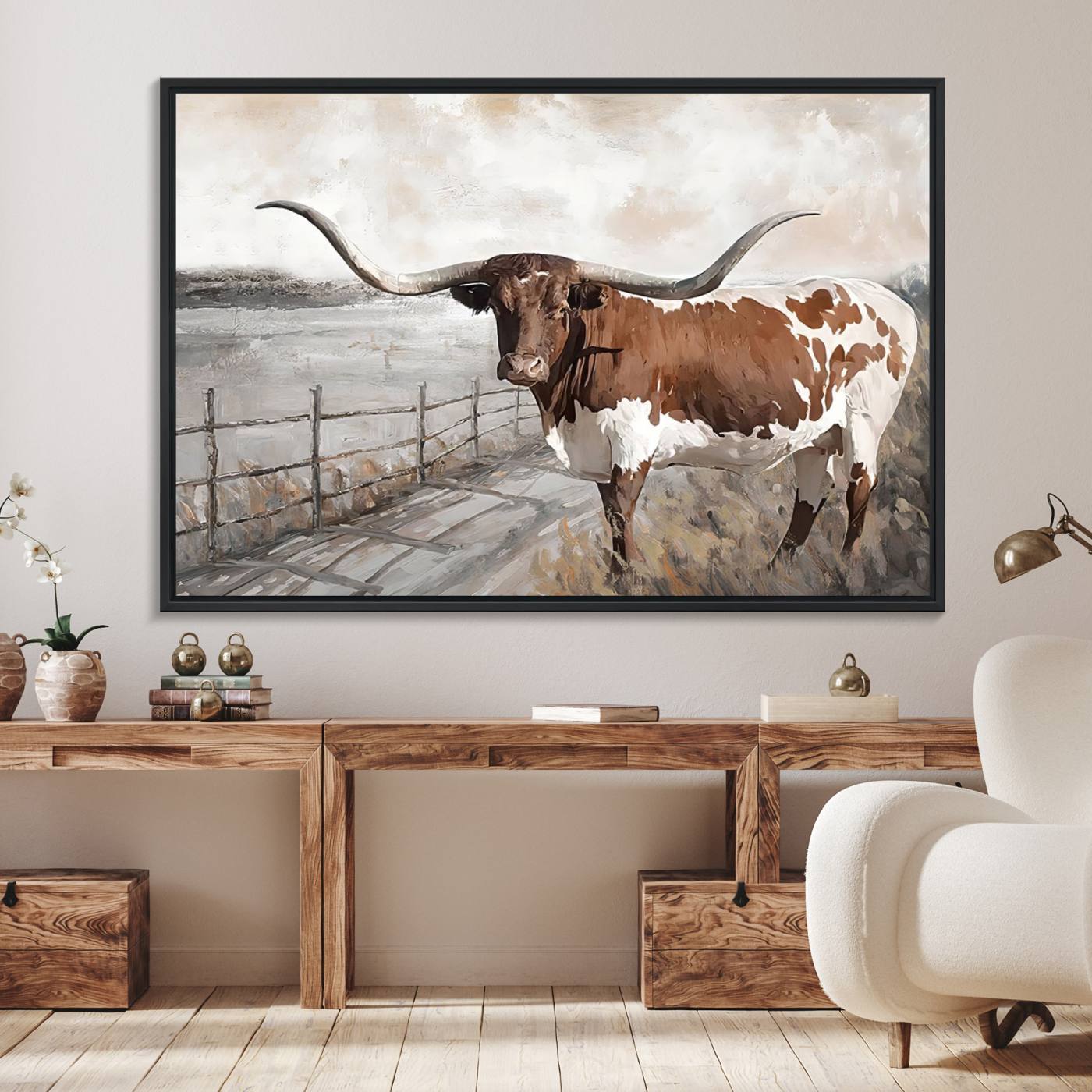 57340-MGV-FC-36X24_Black-Vintage Texas Cow Wall Art Canvas Print, Rustic Longhorn Wall Art | Canvas Print for Farmhouse Decor