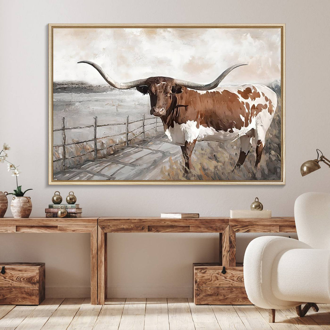 57340-MGV-FC-36X24_Natural-Vintage Texas Cow Wall Art Canvas Print, Rustic Longhorn Wall Art | Canvas Print for Farmhouse Decor