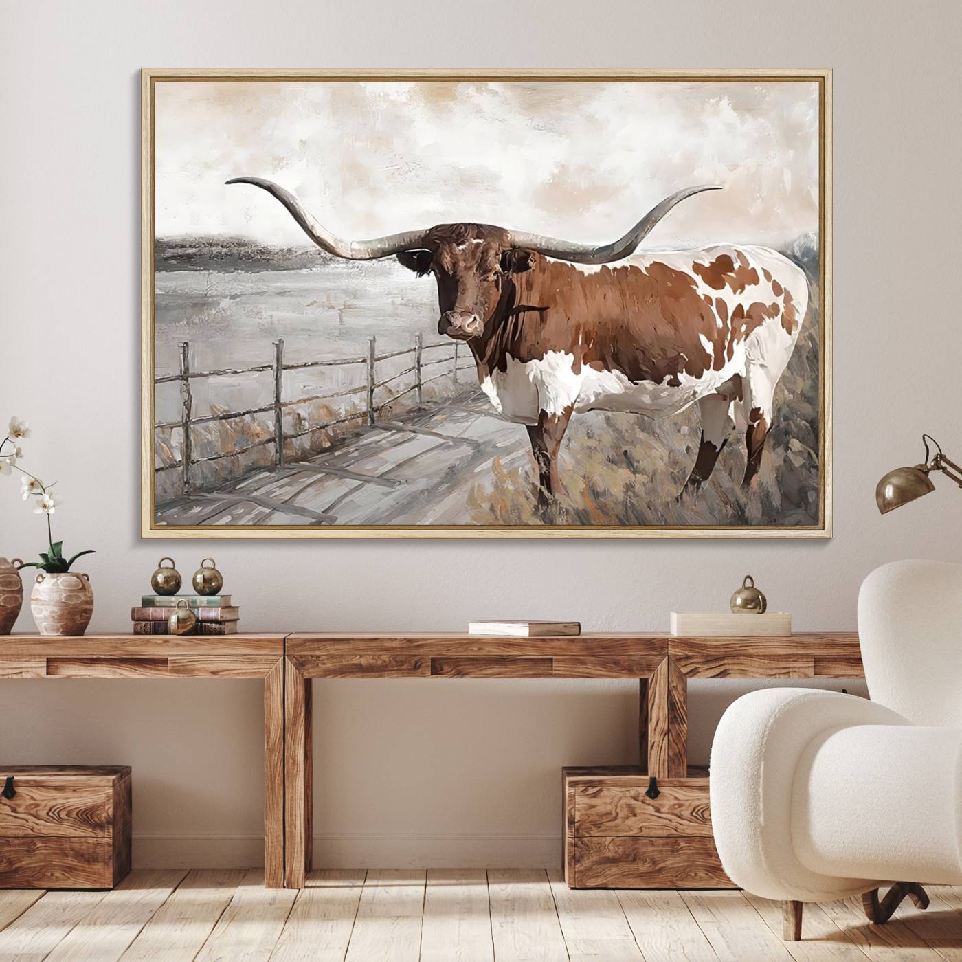 57340-MGV-FC-36X24_Natural-Vintage Texas Cow Wall Art Canvas Print, Rustic Longhorn Wall Art | Canvas Print for Farmhouse Decor