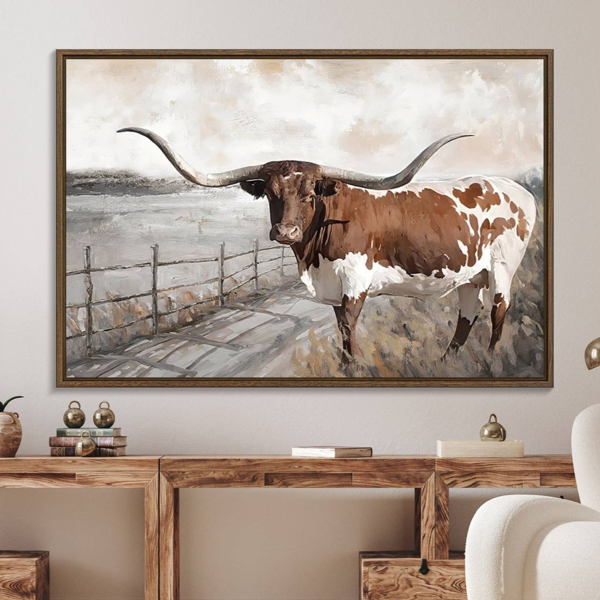 Vintage Texas Cow Wall Art Canvas Print, Rustic Longhorn Wall Art | Canvas Print for Farmhouse Decor