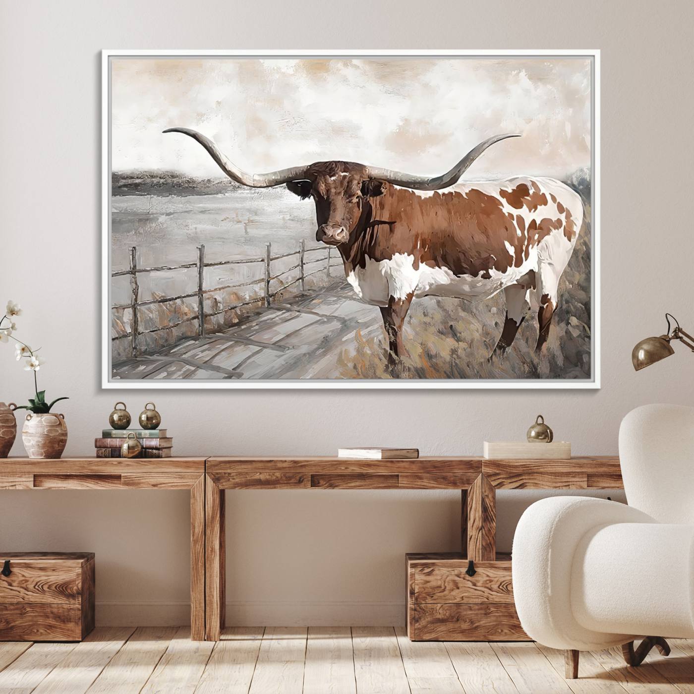 57340-MGV-FC-36X24_White-Vintage Texas Cow Wall Art Canvas Print, Rustic Longhorn Wall Art | Canvas Print for Farmhouse Decor