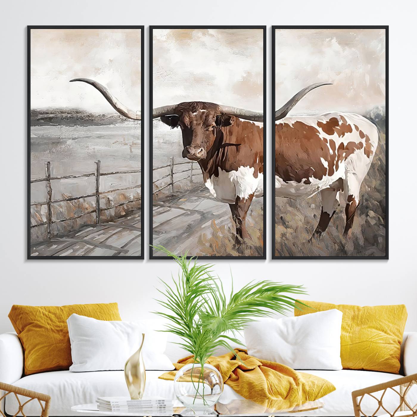 57340-MGV-FC-48X32-3P_Black-Vintage Texas Cow Wall Art Canvas Print, Rustic Longhorn Wall Art | Canvas Print for Farmhouse Decor