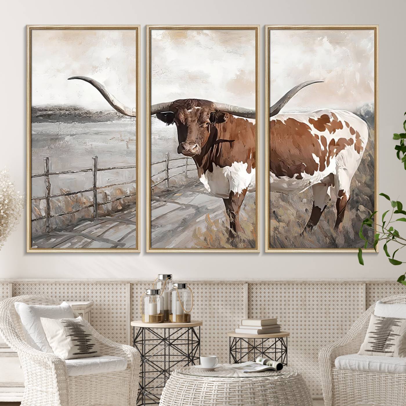 57340-MGV-FC-48X32-3P_Natural-Vintage Texas Cow Wall Art Canvas Print, Rustic Longhorn Wall Art | Canvas Print for Farmhouse Decor