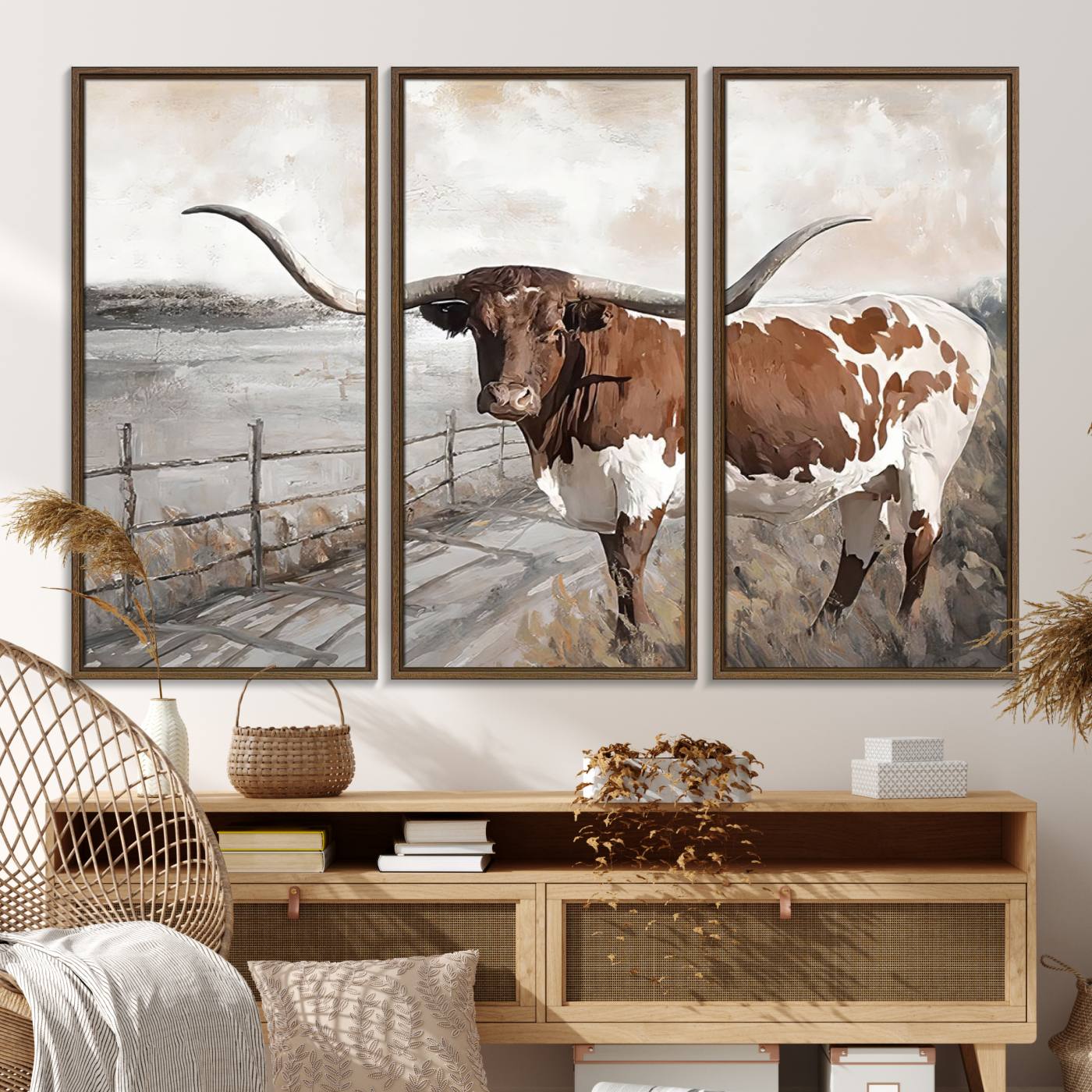 57340-MGV-FC-48X32-3P_Walnut-Vintage Texas Cow Wall Art Canvas Print, Rustic Longhorn Wall Art | Canvas Print for Farmhouse Decor