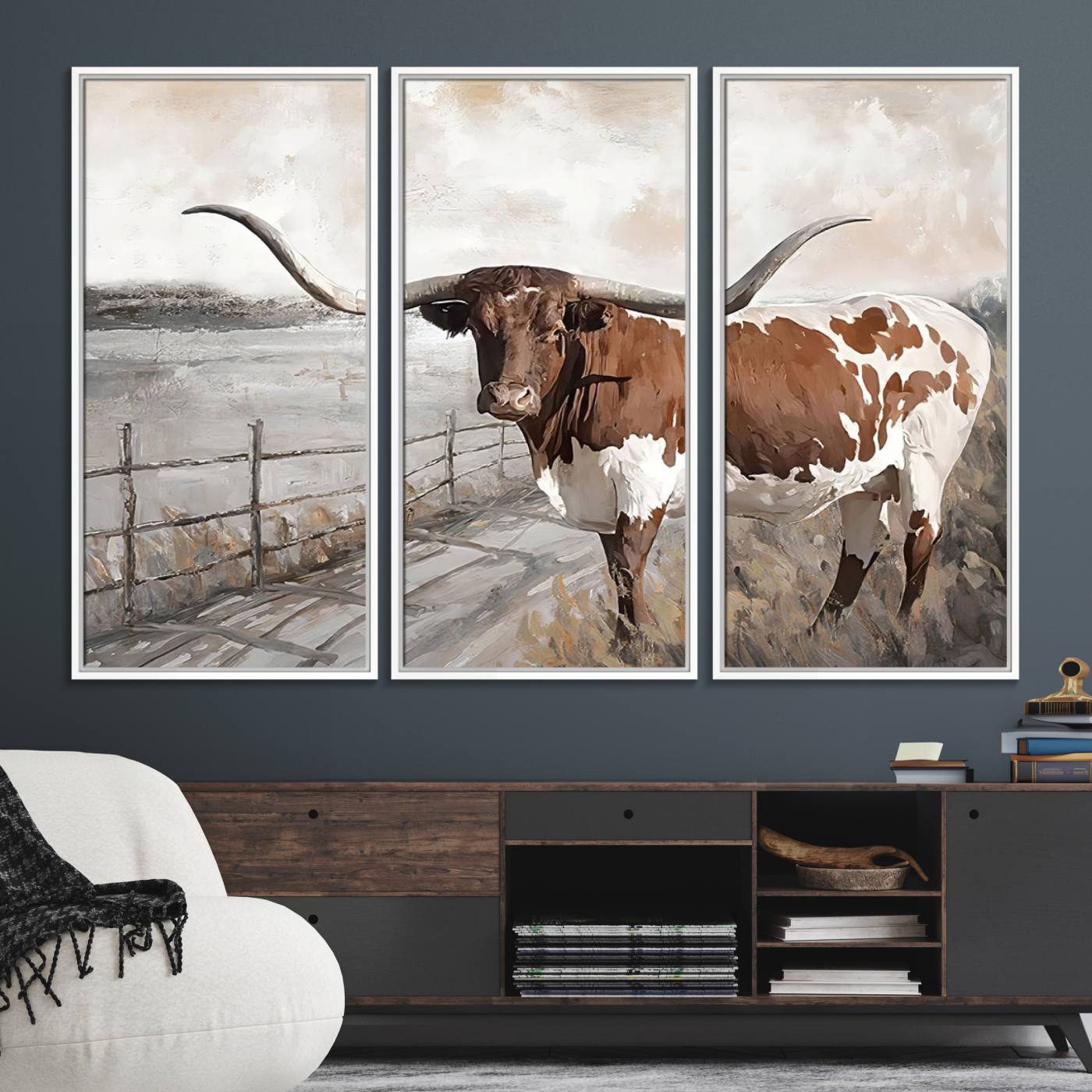 57340-MGV-FC-48X32-3P_White-Vintage Texas Cow Wall Art Canvas Print, Rustic Longhorn Wall Art | Canvas Print for Farmhouse Decor