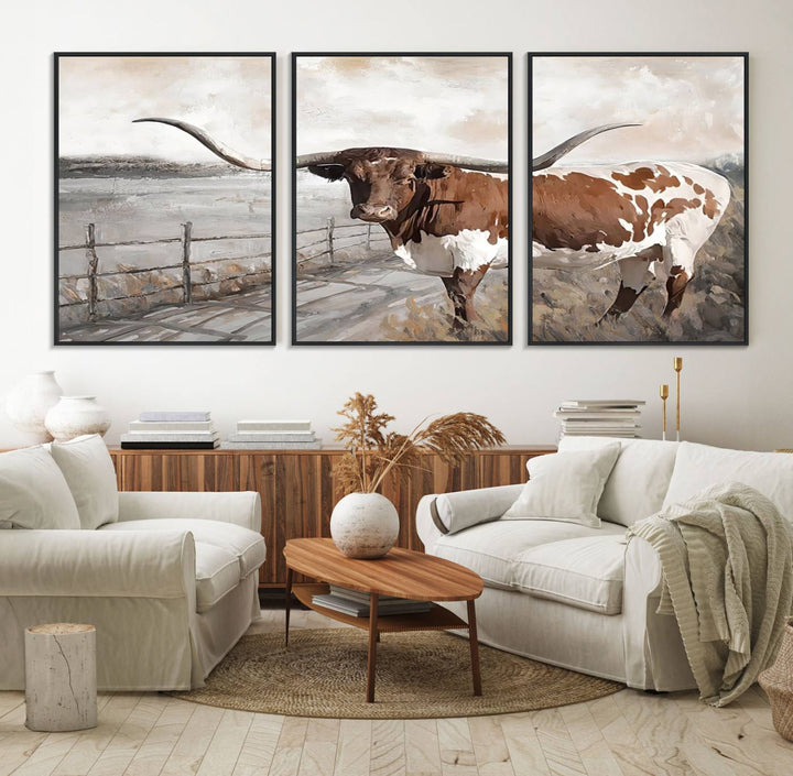 57340-MGV-FC-60X30-3P_Black-Vintage Texas Cow Wall Art Canvas Print, Rustic Longhorn Wall Art | Canvas Print for Farmhouse Decor