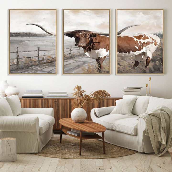 57340-MGV-FC-60X30-3P_Natural-Vintage Texas Cow Wall Art Canvas Print, Rustic Longhorn Wall Art | Canvas Print for Farmhouse Decor