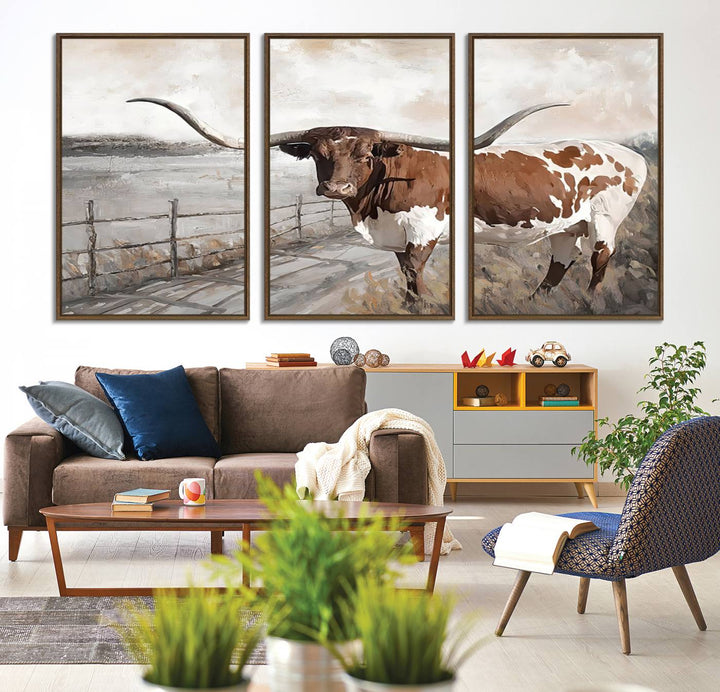 57340-MGV-FC-60X30-3P_Walnut-Vintage Texas Cow Wall Art Canvas Print, Rustic Longhorn Wall Art | Canvas Print for Farmhouse Decor