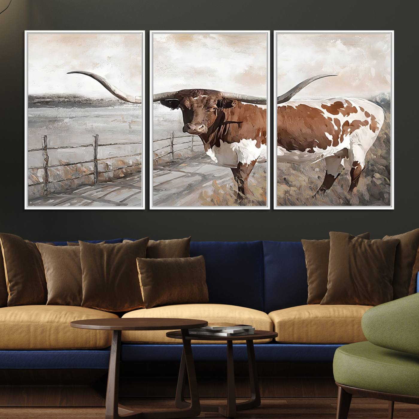 57340-MGV-FC-60X30-3P_White-Vintage Texas Cow Wall Art Canvas Print, Rustic Longhorn Wall Art | Canvas Print for Farmhouse Decor